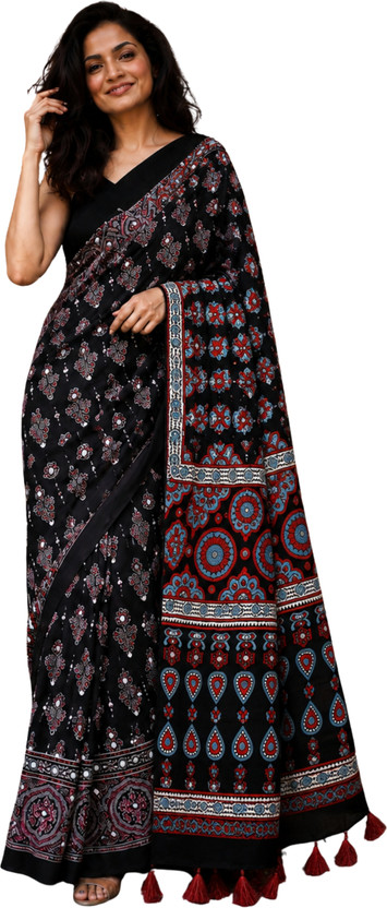 kryone Printed Kalamkari Pure Silk Saree(Black)