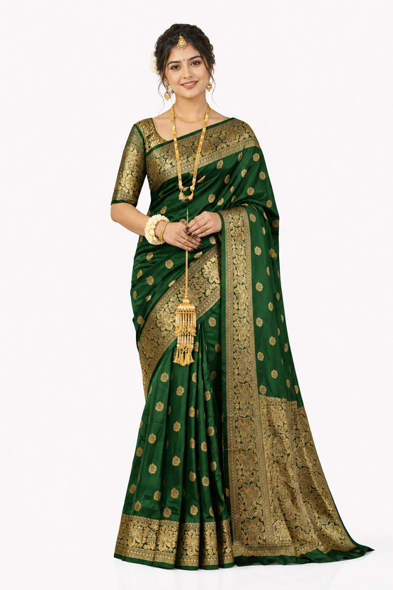 SAIYAMORI Woven Kanjivaram Silk Blend Saree(Green)