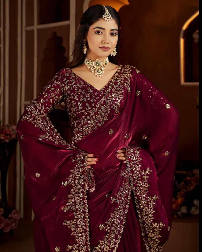 GRUHNAREE Embroidered Bollywood Jimmy Jimmy Saree(Maroon)