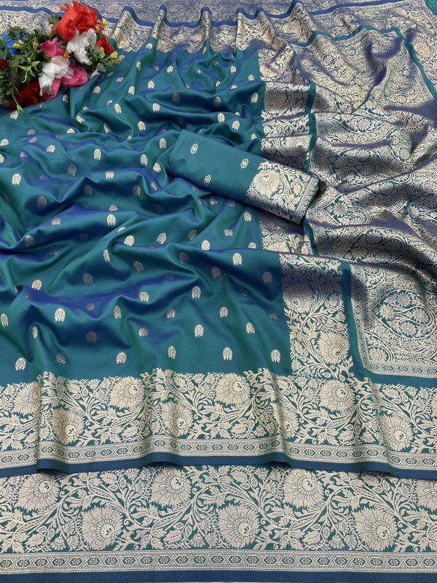 KanjiQueen KanjiQueen Woven Banarasi Silk Blend, Pure Silk Saree(Green, Blue) - Flipkart Deal