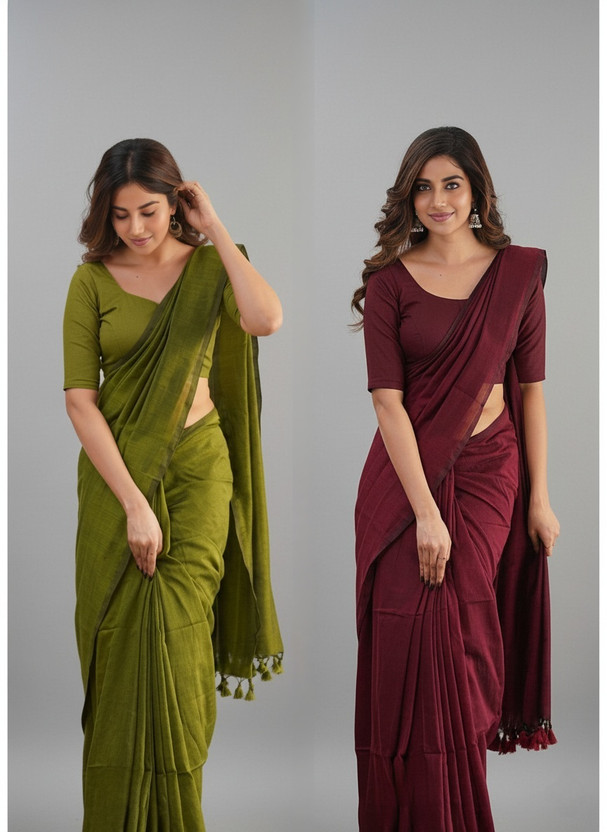 Trndysares Solid/Plain Handloom Handloom Cotton Blend Saree(Pack of 2, Maroon, Dark Green)