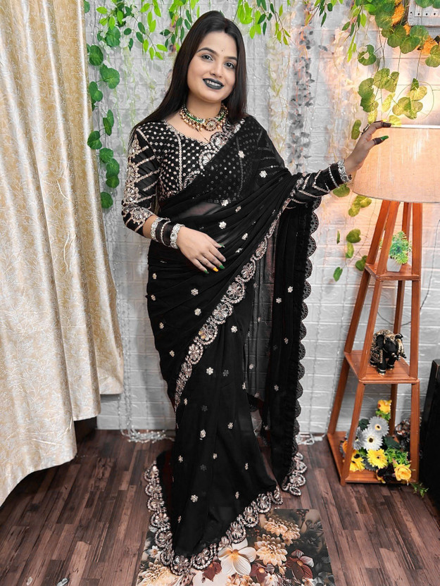 Nxshopy Embroidered, Embellished Bollywood Georgette Saree(Black)