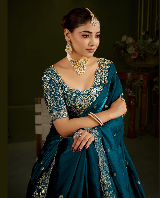 Nxika Embroidered Bollywood Organza, Jimmy Jimmy Saree(Dark Blue)