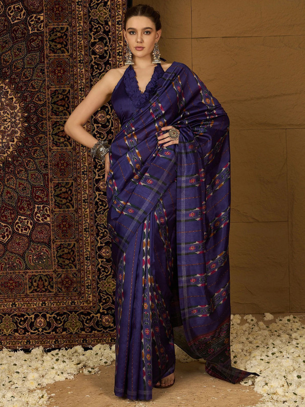 Sareemall Printed Ikkat Silk Blend Saree(Dark Blue)