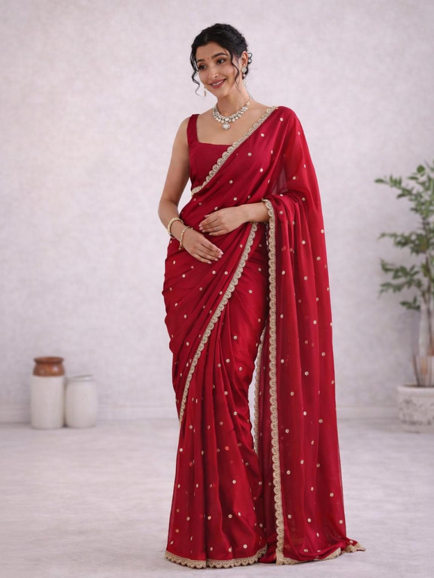 Navantika Navantika Embroidered, Embellished Bollywood Chiffon Saree(Red) - Flipkart Deal