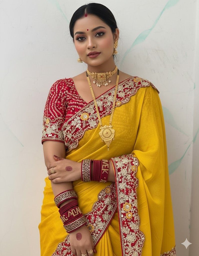 HouseOfCommon Solid/Plain Bollywood Silk Blend Saree(Yellow)