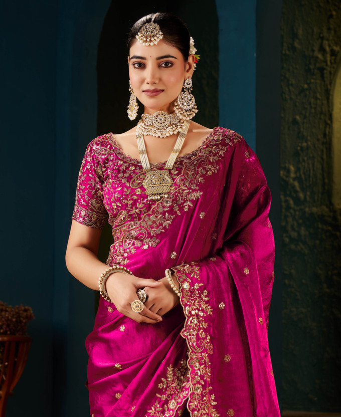Vivan Fab Embroidered Bollywood Jimmy Jimmy, Satin Saree(Magenta)