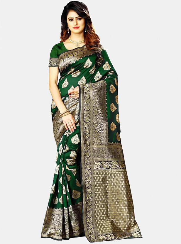 Shoppershopee Woven Kanjivaram Silk Blend Saree(Multicolor, Dark Green)