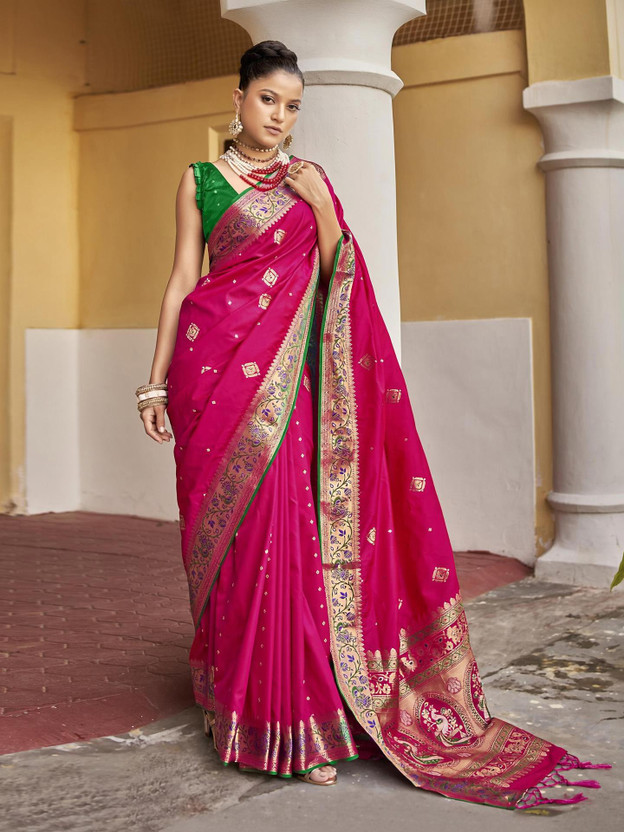 Samah Self Design, Woven, Embellished Banarasi Cotton Silk, Silk Blend Saree(Pink, Multicolor)