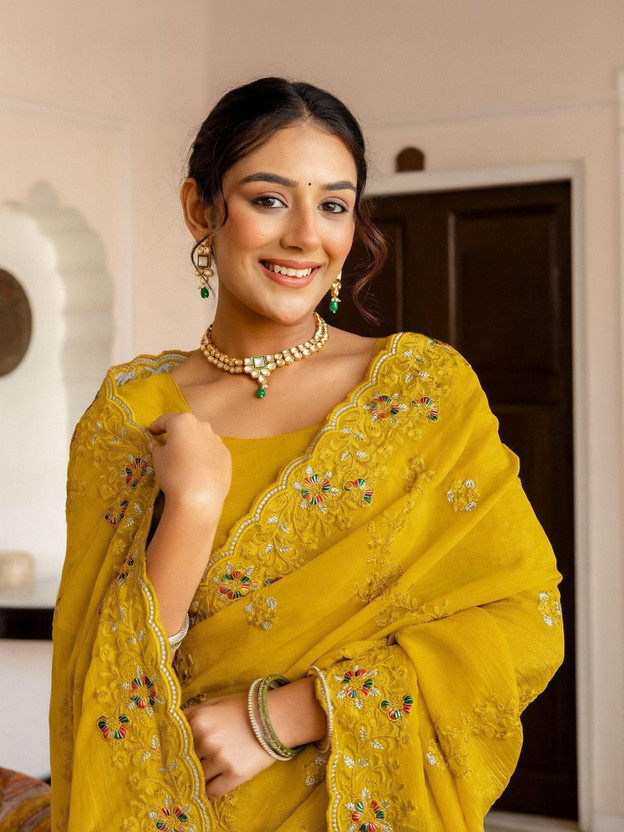 Satrani Satrani Embroidered, Embellished Bollywood Chiffon Saree(Yellow) - Flipkart Deal