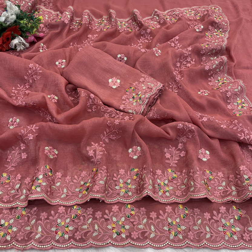 niesha fashion Embroidered Bollywood Chiffon Saree(Orange)