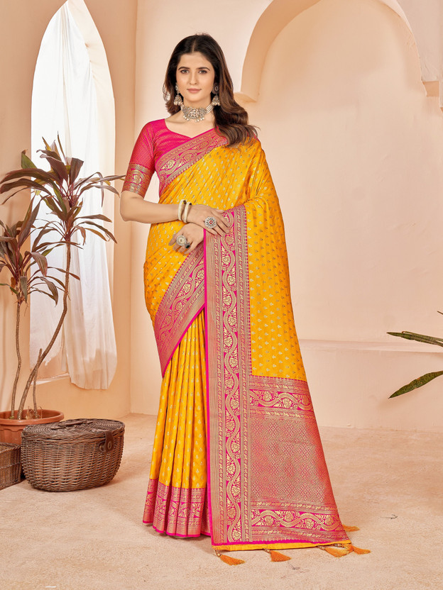 Mehrang Self Design Banarasi Silk Blend Saree(Yellow, Pink)