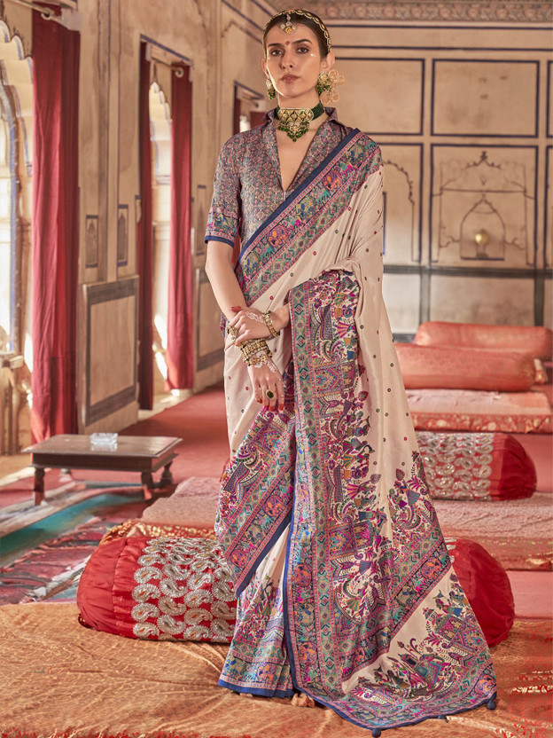 Elora Elora Embroidered, Paisley, Printed, Woven Banarasi Silk Blend Saree(Multicolor) - Flipkart Deal