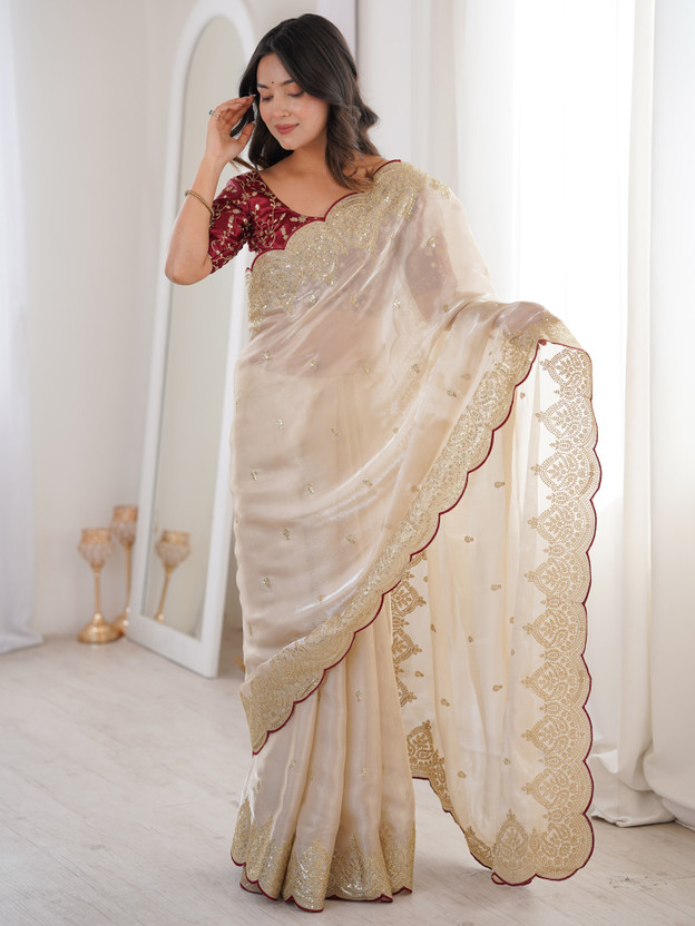 Sareemall Embellished Bollywood Satin Saree(Cream)