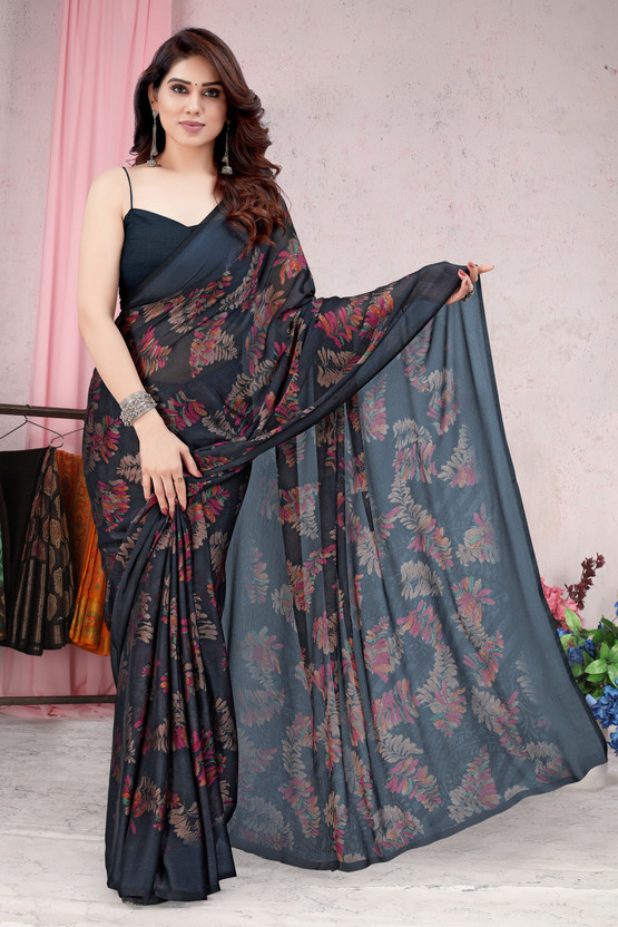 MIRCHI FASHION Printed, Floral Print Daily Wear Chiffon, Georgette Saree(Black)