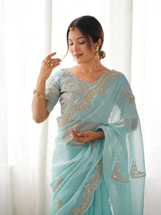 Satrani Embellished, Embroidered Bollywood Tissue, Silk Blend Saree(Blue)