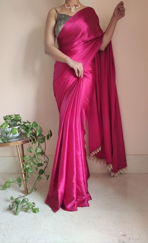 BRAHMSHAKTI Solid/Plain Bollywood Satin, Silk Blend Saree(Pink)