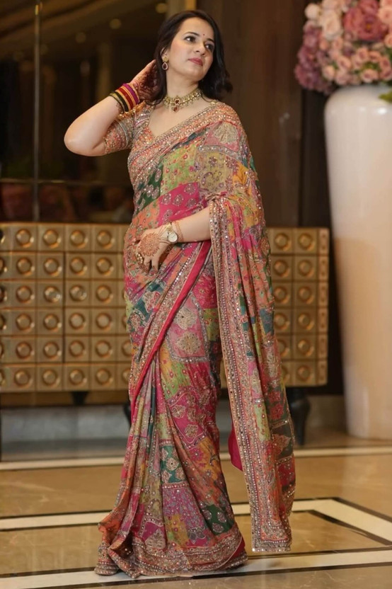OFLINE SELECTION Printed Bollywood Silk Blend Saree(Multicolor)