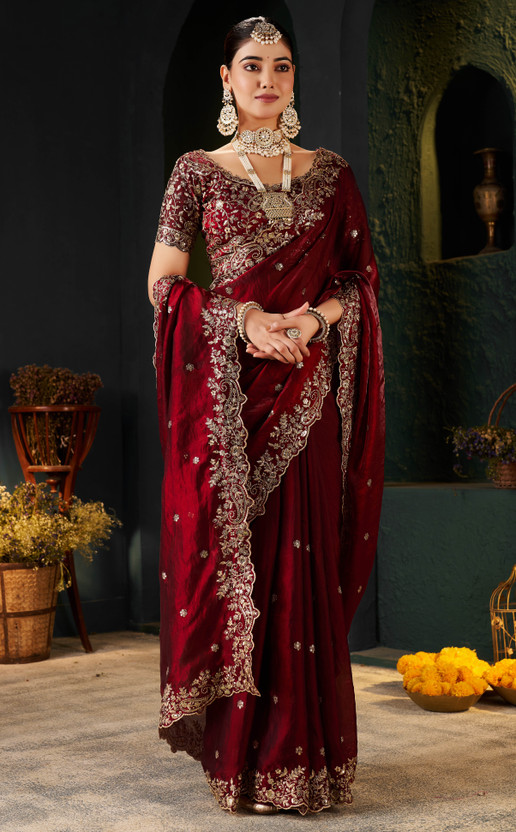 DHARMEE Embellished, Solid/Plain, Applique, Woven, Embroidered Bollywood Jimmy Jimmy, Satin Saree(Maroon)