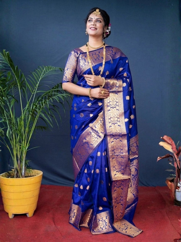 GajGajra Paisley, Woven, Floral Print Banarasi Cotton Silk, Jacquard Saree(Blue)