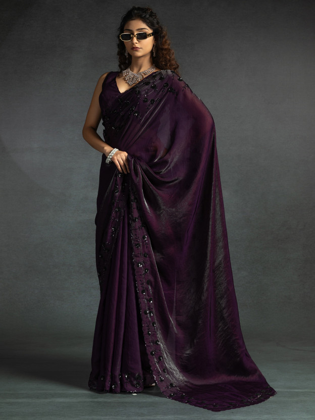 Sareemall Embellished Bollywood Satin Saree(Purple)