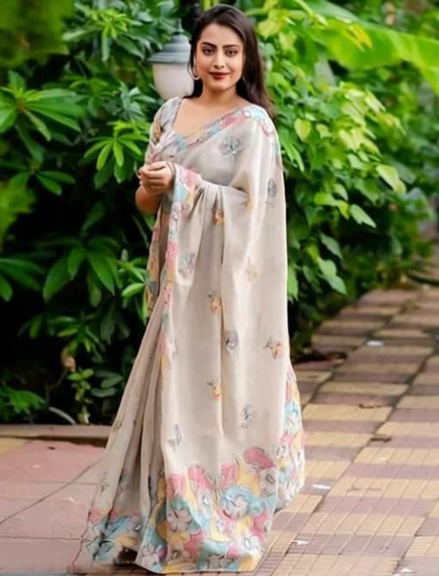 JK JK ETHNIC WEAR Floral Print, Printed Daily Wear Cotton Linen Saree(Multicolor) - Flipkart Deal
