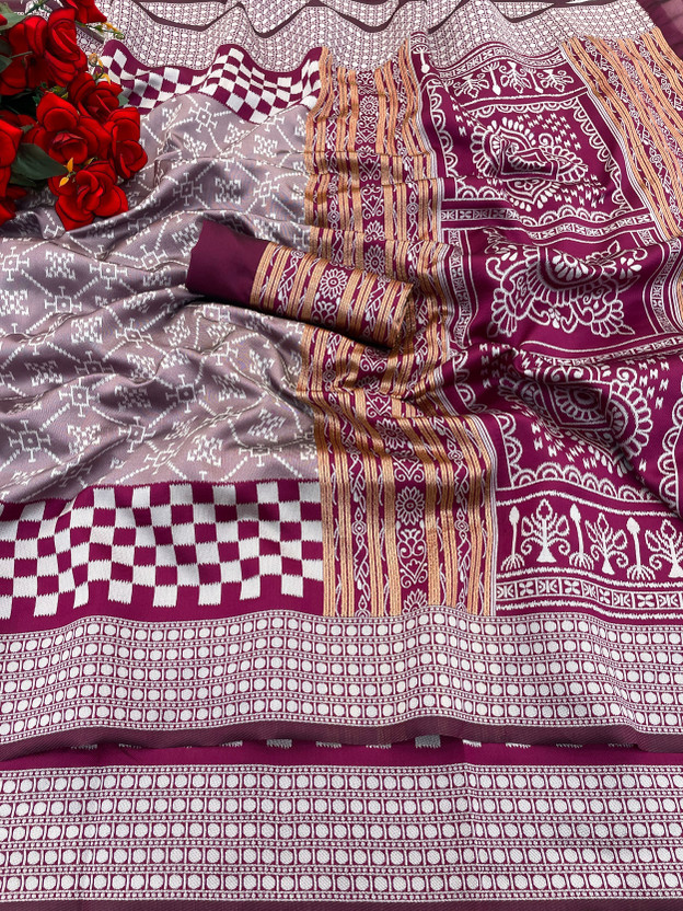 KanjiQueen Checkered Sambalpuri Cotton Silk, Art Silk Saree(Magenta, White)