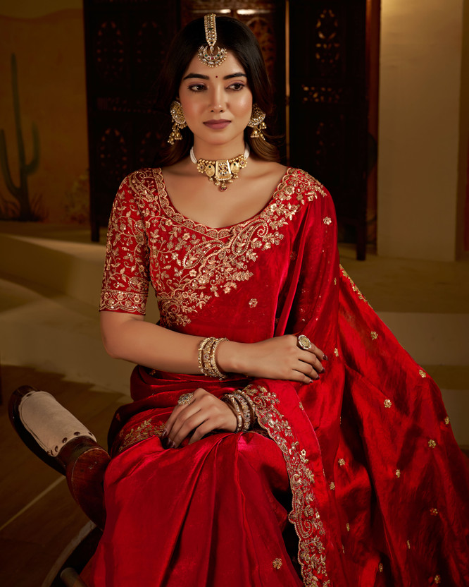 GRUHNAREE GRUHNAREE Embroidered Bollywood Art Silk Saree(Red) - Flipkart Deal