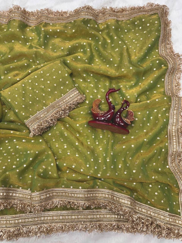 sadika Polka Print, Embroidered Bandhani Chiffon, Silk Blend Saree(Green)