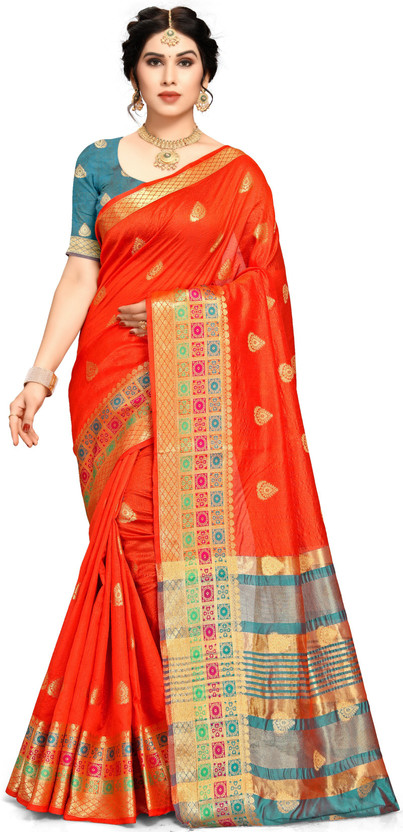 M.S.RETAIL Woven Banarasi Dupion Silk Saree(Orange)