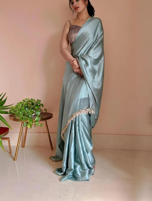 PD CLOTH VILLA Solid/Plain Bollywood Satin, Silk Blend Saree(Light Green)
