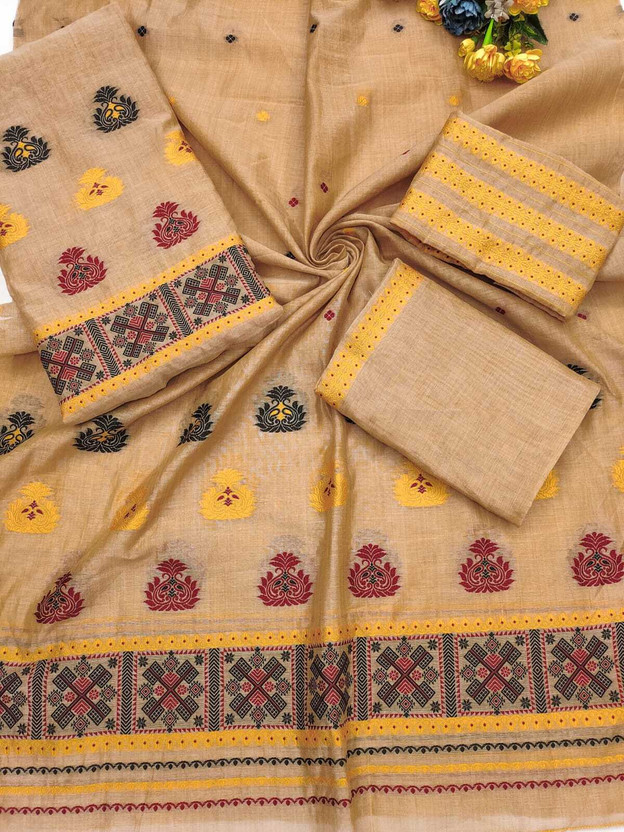 jishaenteprise Woven Mekhela Chador Cotton Blend Saree(Cream)