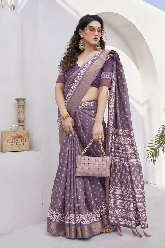 MIRCHI FASHION Printed Hand Batik Cotton Silk, Silk Blend Saree(Purple, Pink)