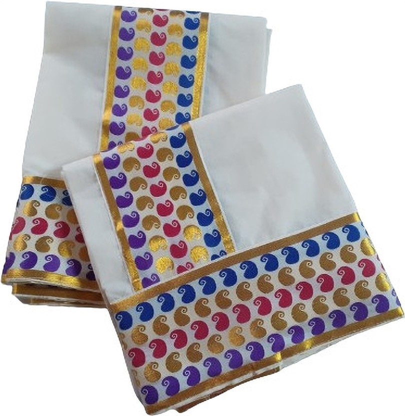 Creative weaves Self Design, Embellished, Solid/Plain Kasavu Pure Cotton Saree(Purple, Pink, Gold, Cream, Multicolor, Dark Blue)