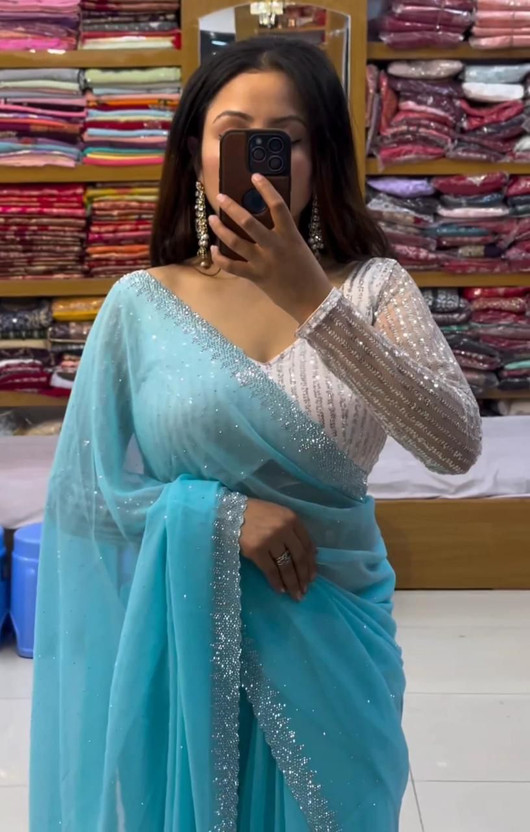 MN VENTURE Embroidered Bollywood Georgette Saree(Blue)