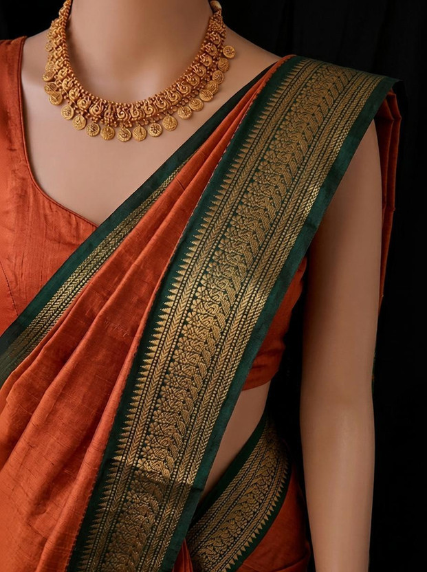 SuperLaxmi SuperLaxmi Woven Banarasi Cotton Blend Saree(Orange, Dark Green) - Flipkart Deal