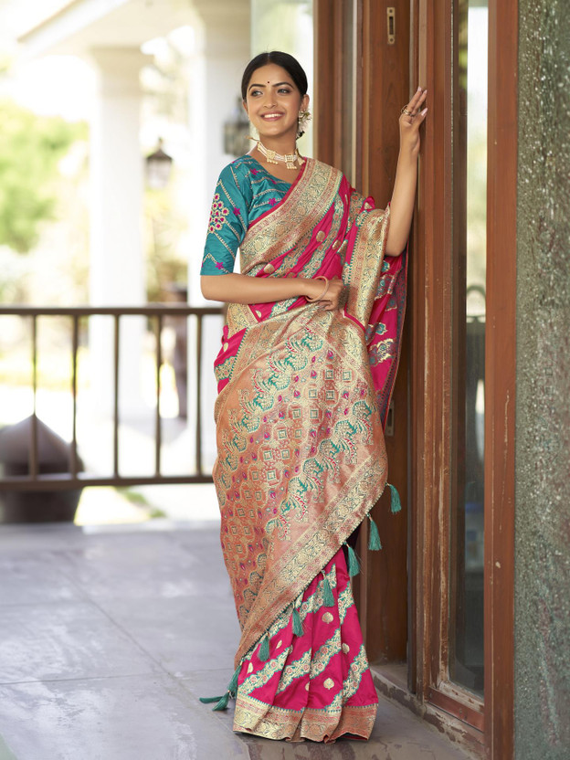 MANOHARI Woven Kanjivaram Jacquard Saree(Pink)