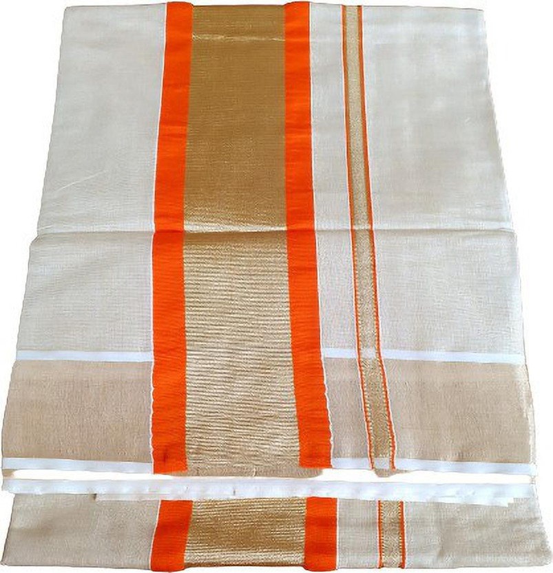 Creative weaves Self Design, Solid/Plain Kasavu Handloom Silk Blend, Cotton Blend Saree(Multicolor, Gold, Orange)