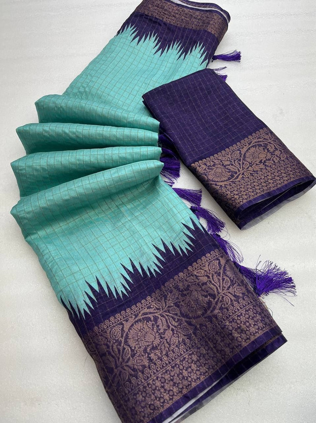 SILKORA Digital Print, Temple Border, Woven Chanderi Cotton Blend Saree(Light Blue, Purple)