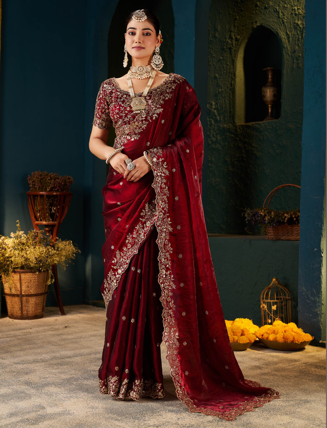 Pireva Embroidered, Embellished Bollywood Jimmy Jimmy Saree(Maroon)