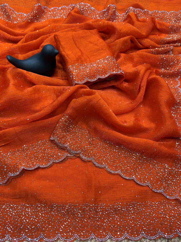 sadika sadika Embellished Bollywood Chiffon, Pure Silk Saree(Orange) - Flipkart Deal