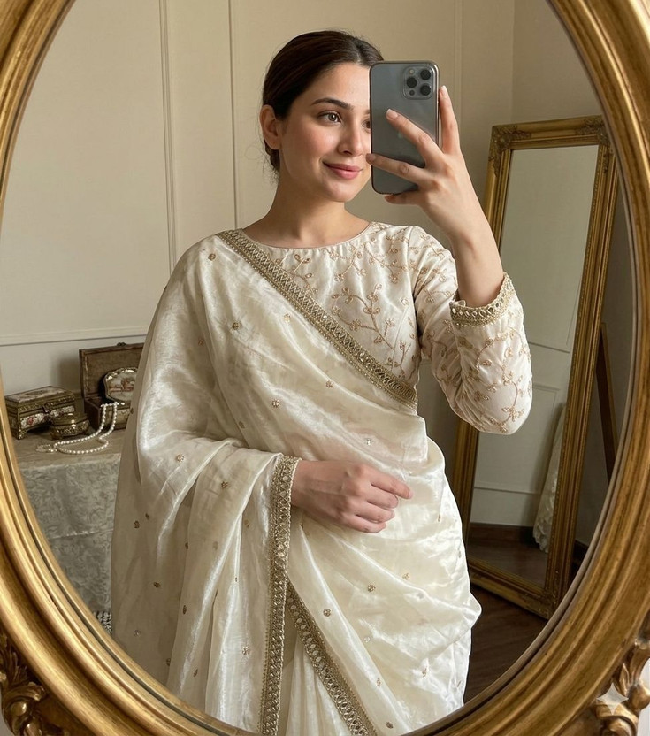 sadika sadika Embroidered, Embellished Bollywood Jimmy Jimmy Saree(Cream) - Flipkart Deal