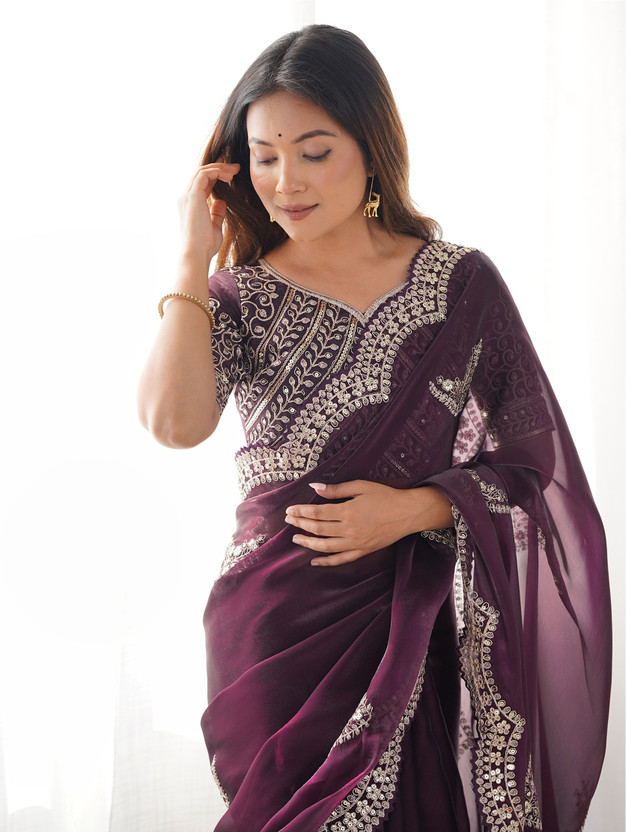 Samah Embroidered, Embellished Bollywood Organza, Silk Blend Saree(Purple)