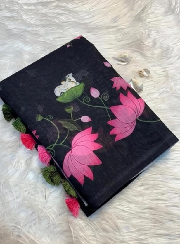 Golden biz Floral Print Daily Wear Linen Saree(Black)