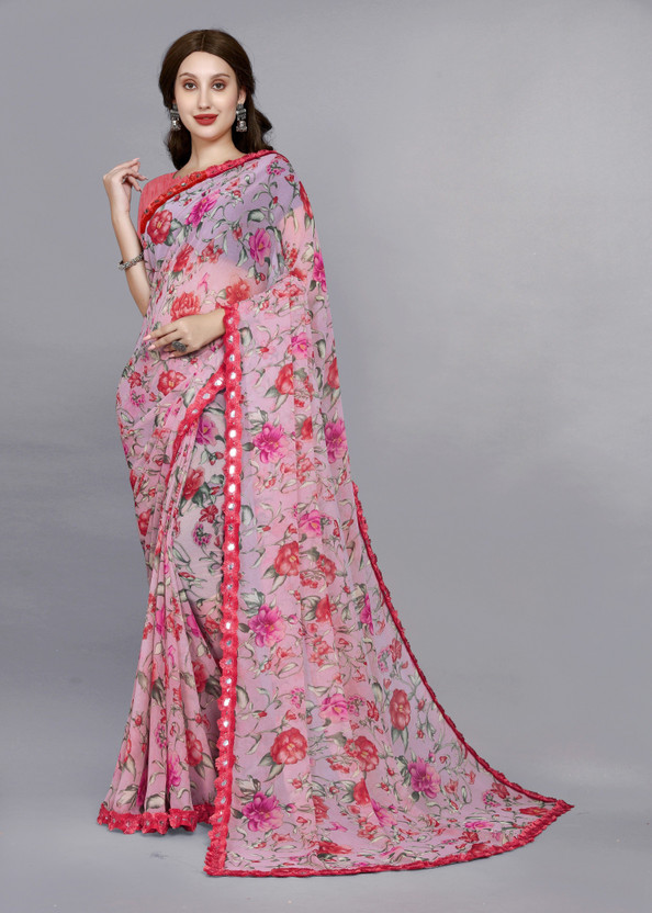 Wholesale bazar Printed, Floral Print Bollywood Georgette Saree(Pink)