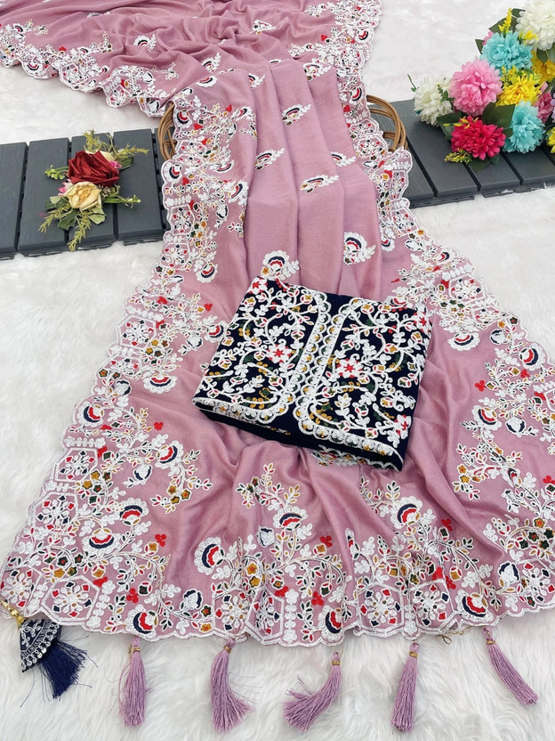 KRISHNACOLLECTION9 Embroidered, Embellished, Floral Print Bollywood Pure Silk Saree(Multicolor)