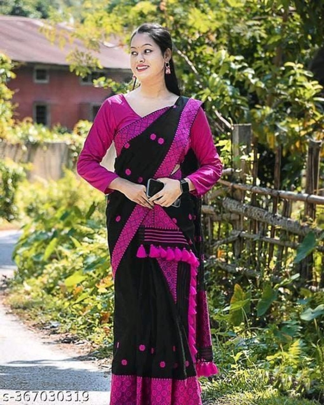 ROCDOX Woven Mekhela Chador Cotton Blend Saree(Pink)