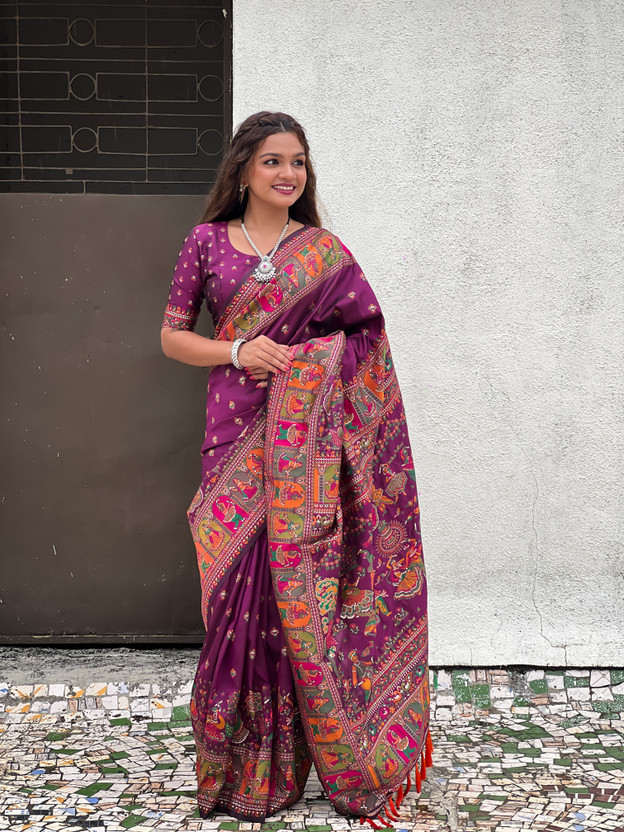 Fashionfricks Printed Bollywood Pure Silk Saree(Magenta)