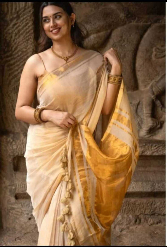 Abharan Woven Handloom Cotton Blend Saree(Gold)