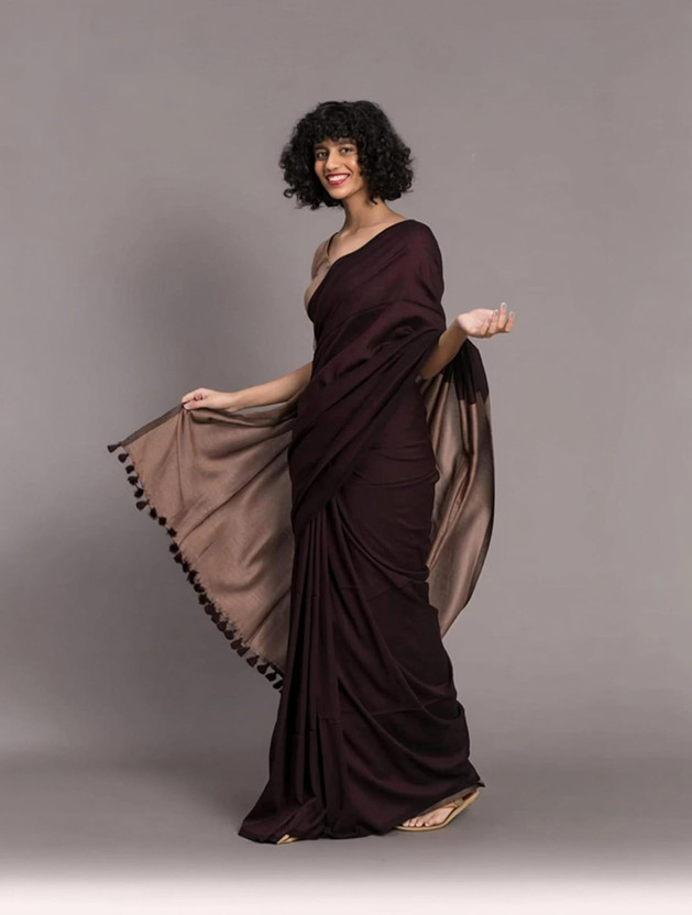 Binay Binay textile Solid/Plain Handloom Pure Cotton Saree(Brown) - Flipkart Deal